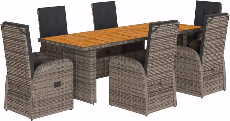 Set da Pranzo da Giardino 7 pz con Cuscini in Polyrattan Grigio