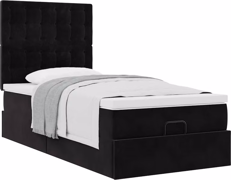 Struttura Letto Pouf con Materassi Nero 90x200 cm in Velluto