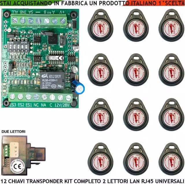 Chiave Trasponder di Prossimità Securvera con 12 Chiavi TAG e 2 Lettori su Modulo LAN Universale 501/503 RJ45, Alimentazione 12/24 Vac, Relè Scambio 2A a 24V con Funzione Impulsiva o Stabile e Segnale di Stato 4 LED GRVB