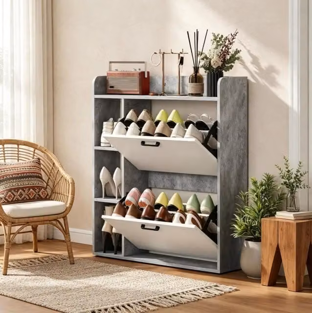 Mobile Porta Scarpe Moderno con 2 Scomparti Ribaltabili, Armadietto Salvaspazio per Ingresso e Appartamento, Bianco e Grigio, 83x24x90,5 cm