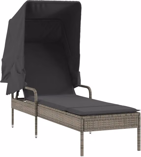 Lettino prendisole con baldacchino in polyrattan grigio e tessuto resistente ai raggi UV con poggiatesta regolabile