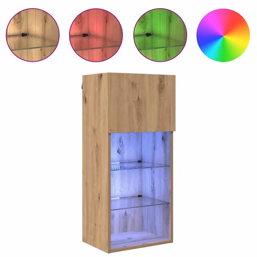 Set di 2 mobili porta TV a parete moderni HELLOSHOP26 in rovere color marrone con illuminazione integrata L 40,5 cm x P 30 cm x H 90 cm – 2