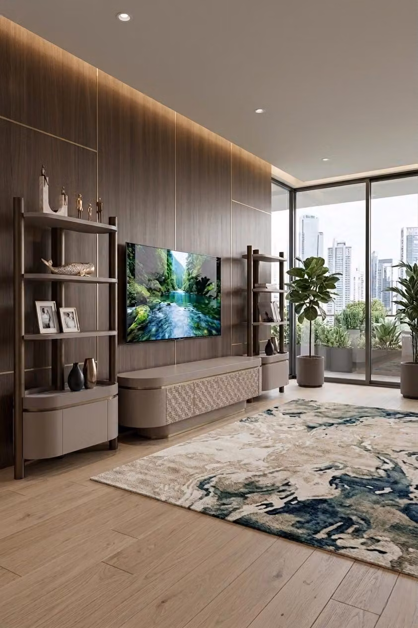 Mobile TV a basso, scaffale, design moderno, aspetto legno, stile elegante