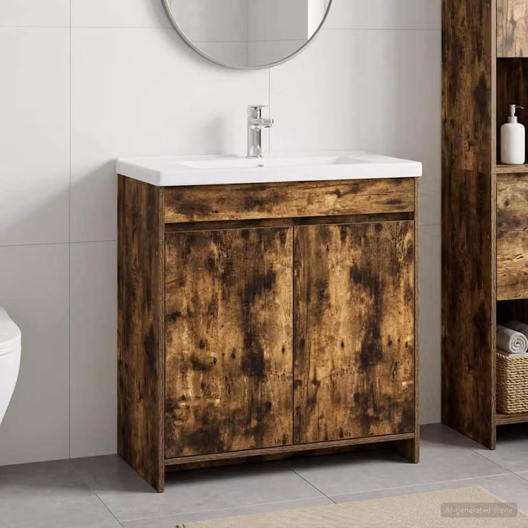Mobiletto da bagno sottolavabo vidaXL in rovere fumo con ante a battente, L: 78,5 cm, P: 37,5 cm, H: 81 cm