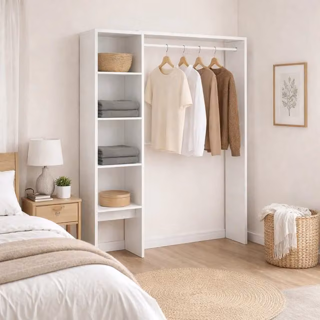 Guardaroba Acquata DMORA, Struttura per cabina armadio con appendiabiti e ripiani, Bianco, L: 140 cm, P: 40 cm, H: 187 cm
