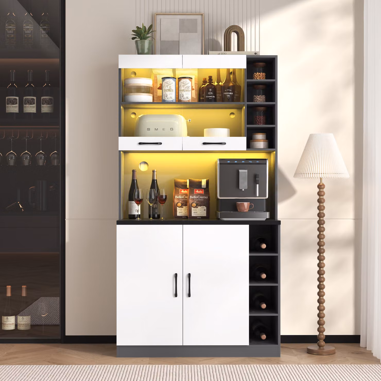 Mobiletto da cucina Merax con illuminazione ambientale a LED e fori per cavi, pannello alto 100x47x187 cm - ripiani regolabili in altezza per microonde, a libera installazione