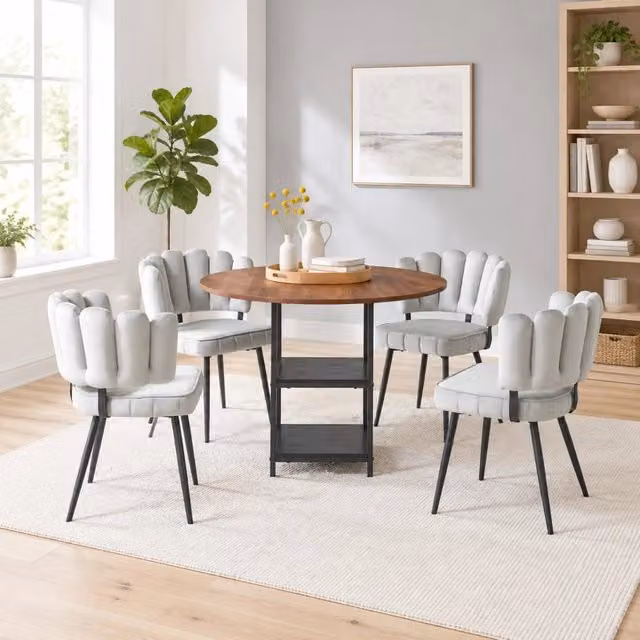 Set tavolo da pranzo rotondo Mivray con 4 sedie, piano effetto noce e struttura nera, L: 120 cm, H: 75 cm
