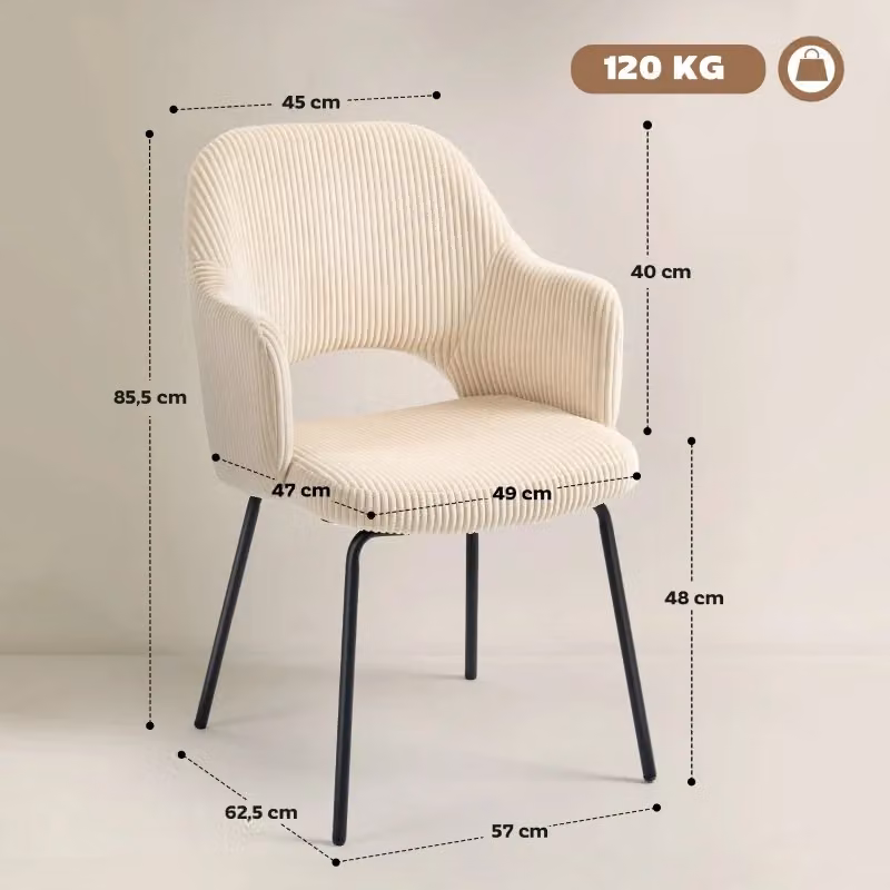 Sedia da pranzo moderna MIVRAY in velluto a coste beige con braccioli e gambe in metallo – 2