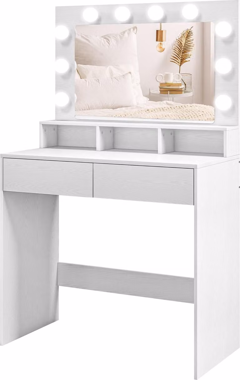 Toletta con illuminazione a LED Toletta con specchio Luminosità regolabile Tavolo cosmetico con 2 cassetti Ripiani aperti per camera da letto Bianco