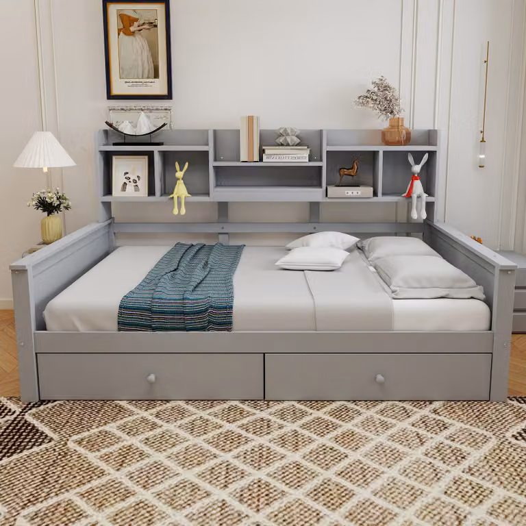 Flieks letto in legno divano letto 90x200cm con cassetti, divano letto da giorno con ripiano, letto contenitore letto funzionale con vano contenitore, letto singolo letto per ragazzi, grigio