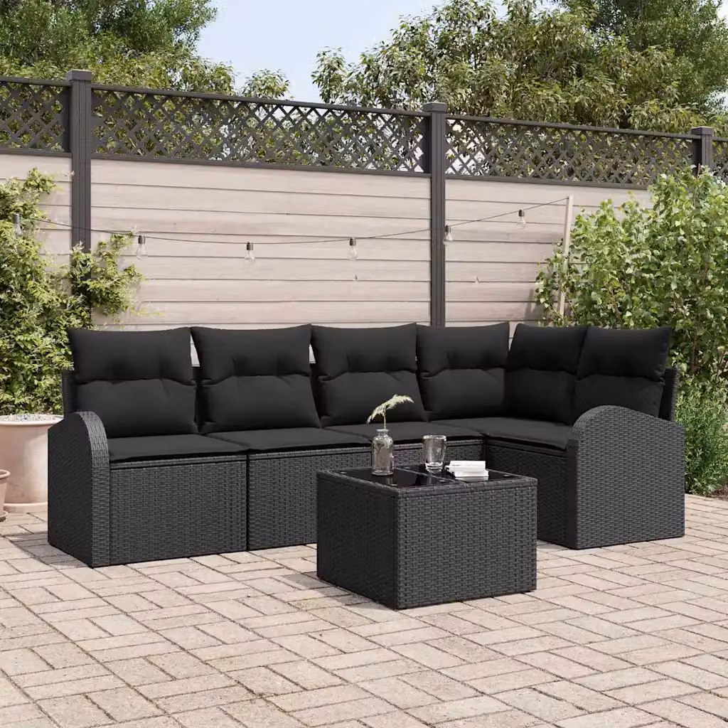 Set di divano angolare da giardino vidaXL in polyrattan nero con cuscini e tavolino da esterno – 1