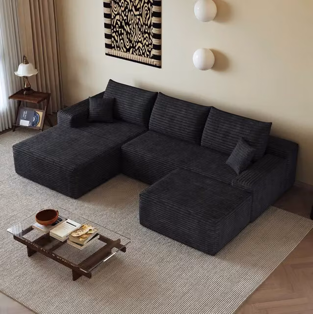 Divano in tessuto nero 270x175x83 cm; imbottitura in schiuma elastica; apertura rapida senza attrezzi