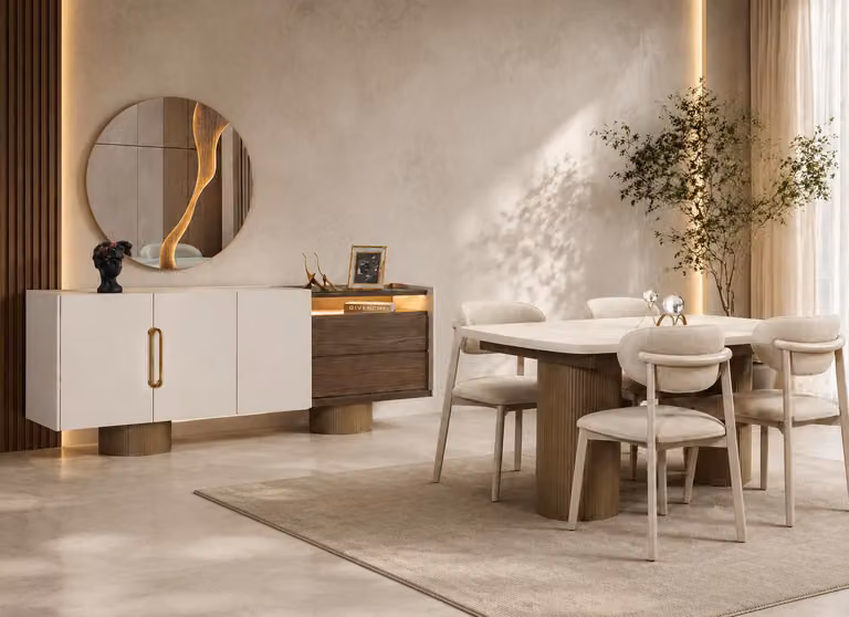 Set completo per sala da pranzo elegante: raffinato tavolo da pranzo, 4 sedie rivestite in tessuto e credenza