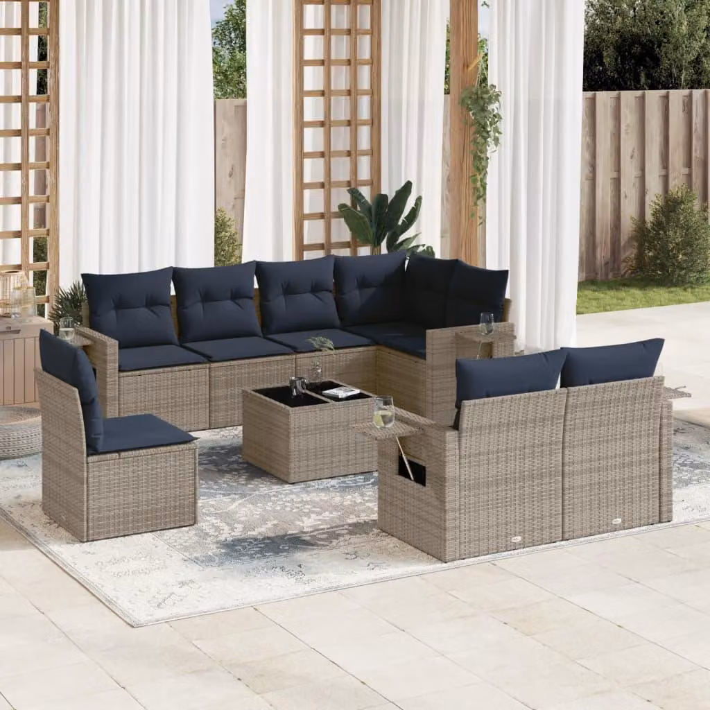 Maison Exclusive - Set di 9 pezzi per giardino con cuscini, grigio, polyrattan