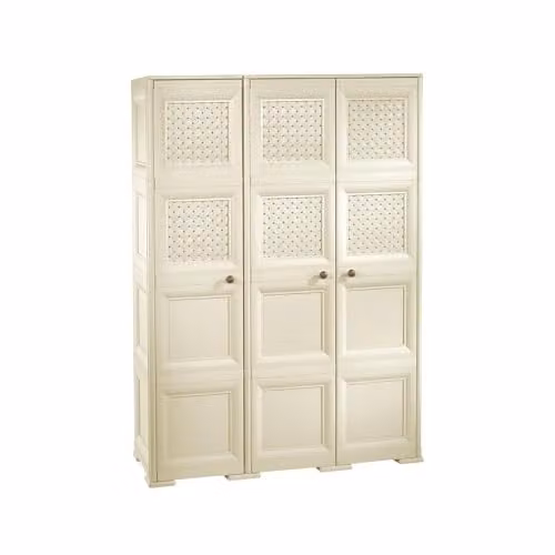 MA MAISON Armadio in Plastica 118 x 43 x 164 cm con 3 Ante, Vano Portascope e Ante Traforate – Mobile Alto Salvaspazio per Lavanderia e Organizzazione Casa (Angora)