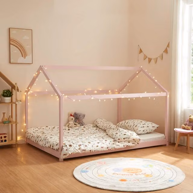 Letto per Cameretta Cerro a Forma di Casetta 120 x 200 cm Rosa [en.casa]