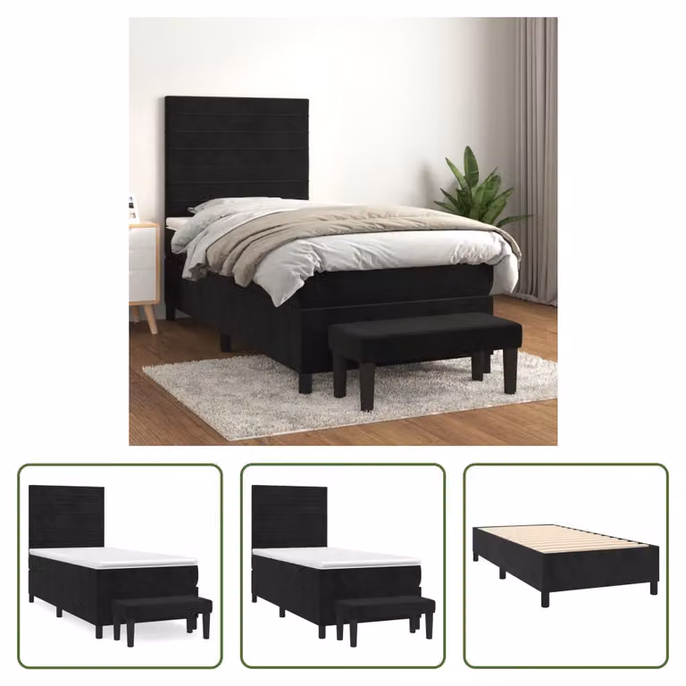 The Living Store Letto a molle con materasso nero 90x200 cm in velluto
