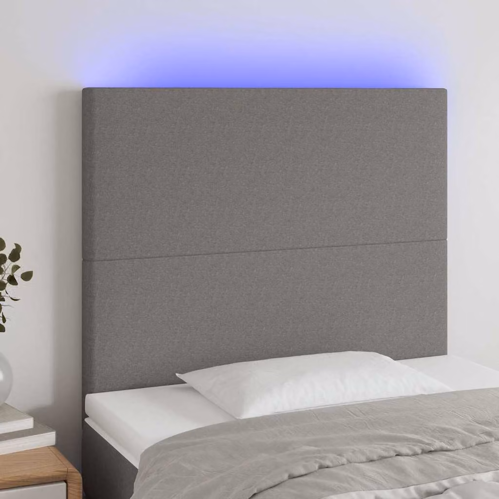 Testiera per letto vidaXL in tessuto grigio con illuminazione LED e porta di ricarica USB, L 90 cm, P 5 cm, H 118/128 cm