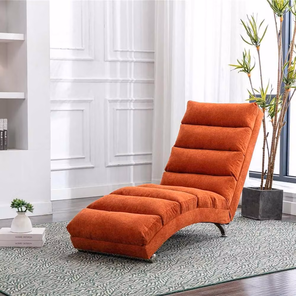 AIORBER Lettino relax con funzione vibrante, chaise longue ergonomica con supporto per tutto il corpo, lettino imbottito con tasca laterale e rivestimento in lino per soggiorno o ufficio Arancione