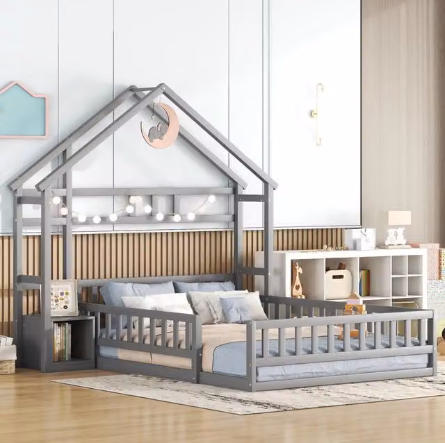 Letto per bambini 140 x 200 cm a forma di casa con sponde grigio, con comodino integrato