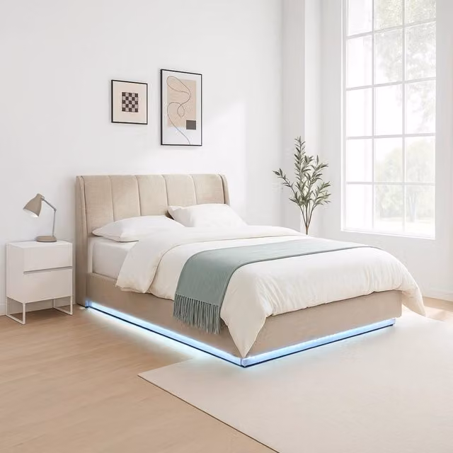 Letto Matrimoniale Contenitore Tröstiar con Apertura a Ribalta e Luce LED 160x200 cm - Effetto Lino Beige [en.casa]