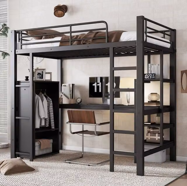 Letto a soppalco in metallo 90x200 cm con scrivania; armadio e scaffali; nero