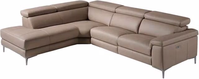Divano relax moderno a L con chaise longue sinistra in pelle beige e marrone Angel Cerda S L con struttura in legno e metallo e poggiatesta regolabile