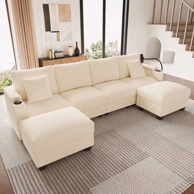 Divano panoramico modulare a U Mivray trasformabile in letto in velluto a coste beige con porta tazze, prese USB e cuscini inclusi L: 275,5 cm x P: 139 cm x H: 87 cm