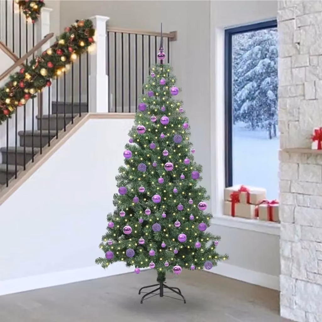 Albero di Natale moderno in PVC verde con 300 LED luce bianca calda e supporto, Altezza: 240 cm – 2