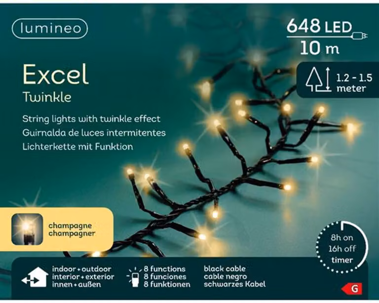 Lumineo Catena luminosa a LED Excellent Twinkle nera 10 metri 648 luci - oro tenue