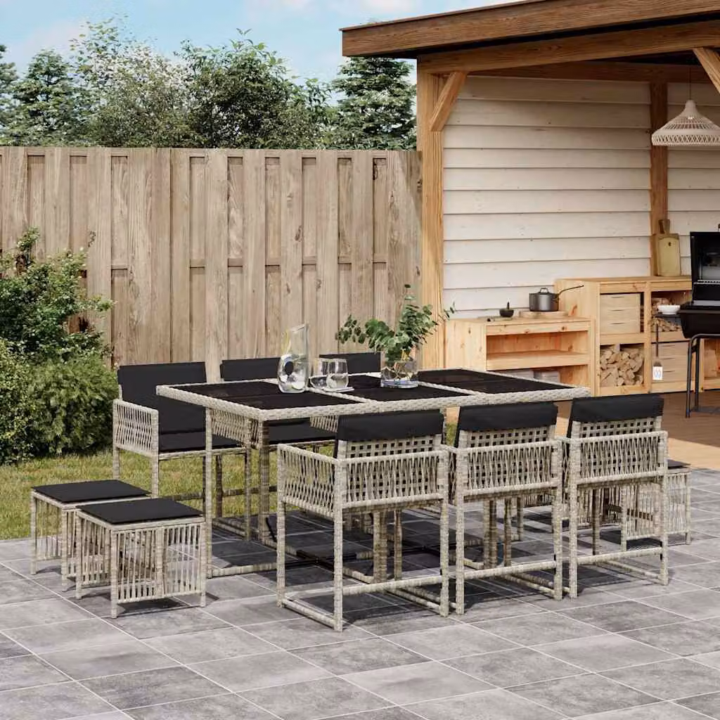 Set da pranzo da giardino vidaXL in polyrattan con cuscini e piano in vetro, 11 pezzi, grigio antracite – 1