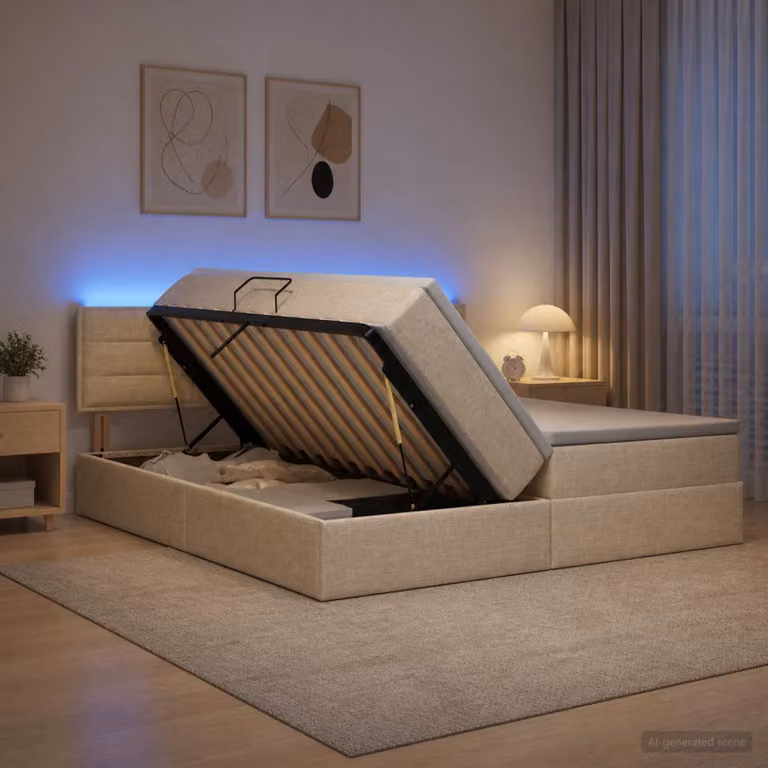 Letto con contenitore vidaXL in tessuto beige con illuminazione LED e porta USB, L/P/H: 180 x 200 x 140 cm