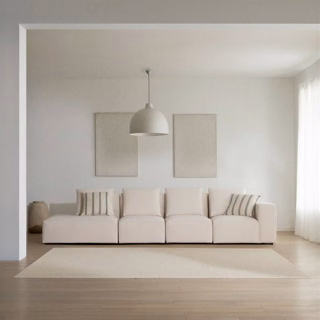 Divano modulare Trevi Banak a 5 posti con lato sinistro aperto, forma a L, rivestimento in tessuto beige