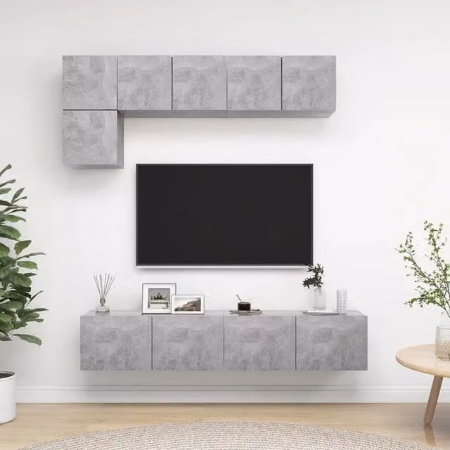 Set di mobili porta TV vidaXL da 5 pezzi in legno multistrato grigio cemento per soggiorno moderno con montaggio a parete