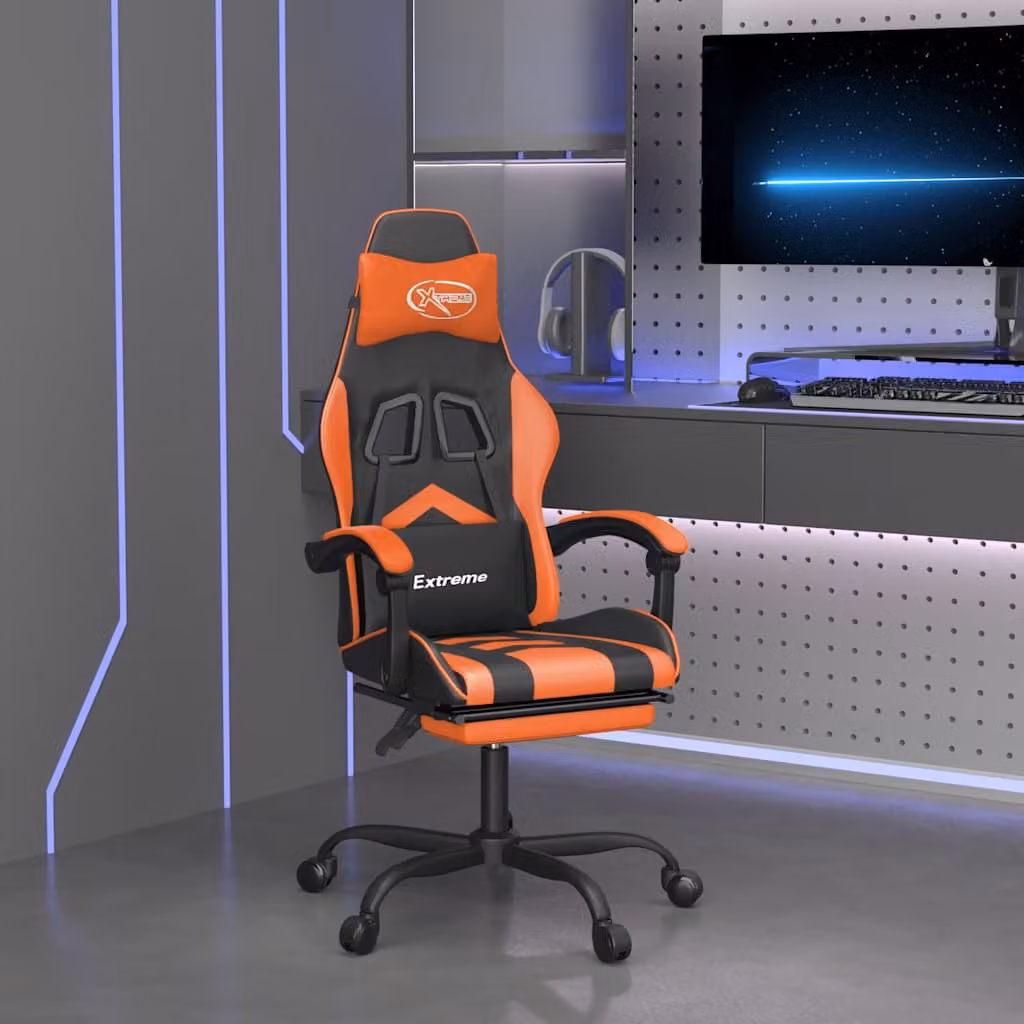 Sedia da Gaming vidaXL Girevole con Poggiapiedi in Similpelle Nero e Arancione