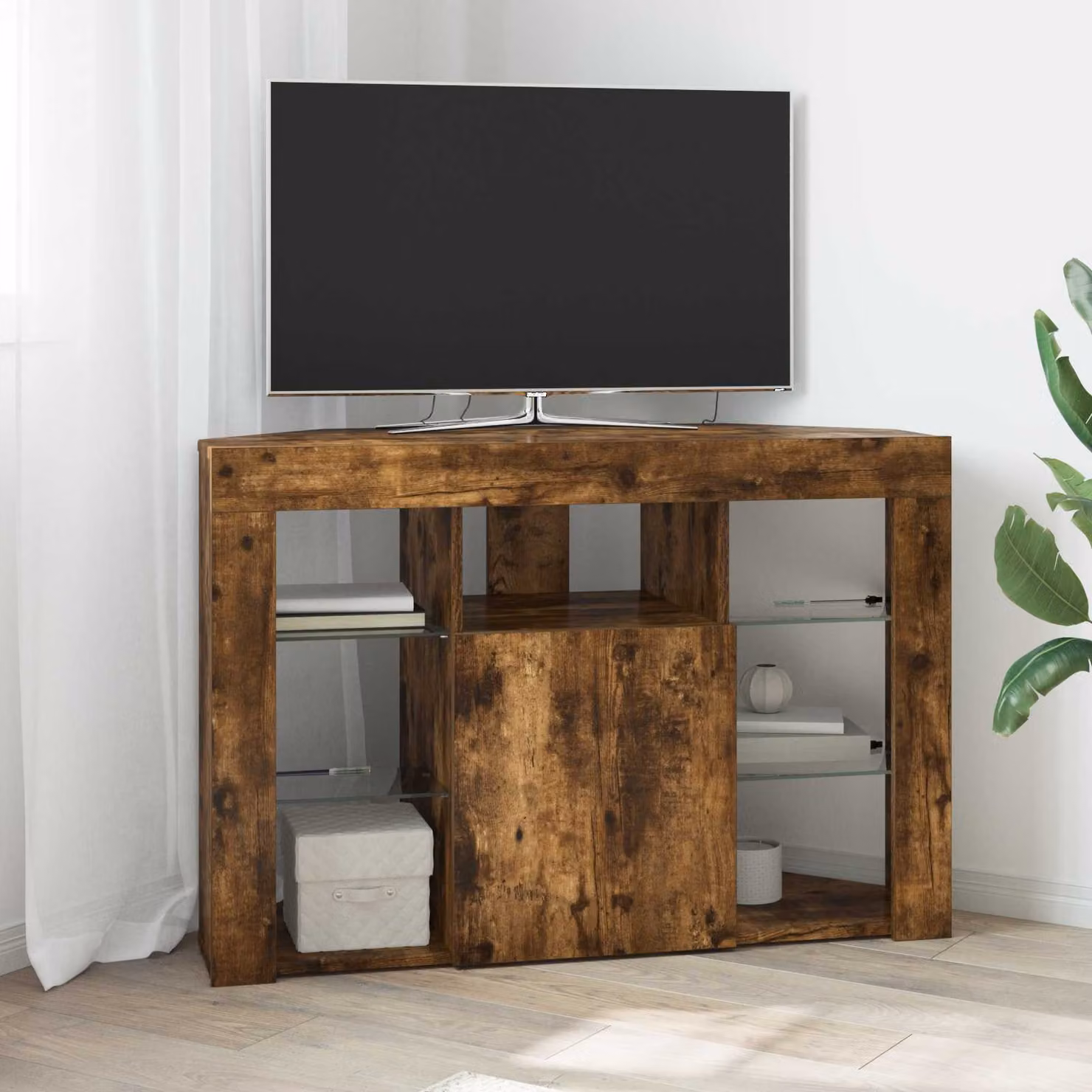 Mobile TV LED Angolare vidaXL in Rovere fumé con illuminazione integrata L/P/H: 100 x 40 x 68 cm