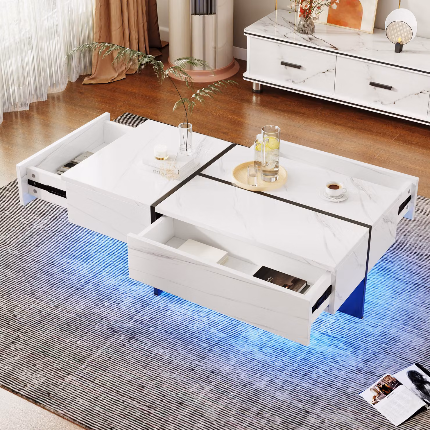Tavolino Okwish con illuminazione LED, tavolino da salotto con 3 cassetti, tavolino da salotto, 100x50x34,5 cm, bianco