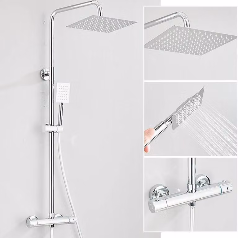 Set di miscelatori termostatici per doccia - Doccia a pioggia da parete con barra scorrevole e bocchetta per vasca - Soffione piatto ultra-sottile da 20 cm - Miscelatore a due manopole - Cromato - Modello C