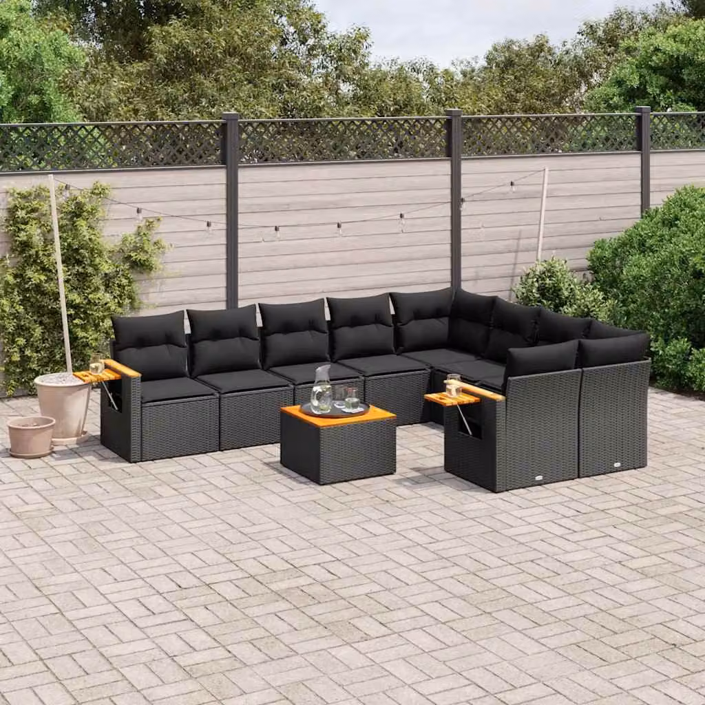 Set di Divani da Giardino vidaXL 10 Pezzi in Polyrattan Nero con Cuscini e Tavolino da Esterno – 1