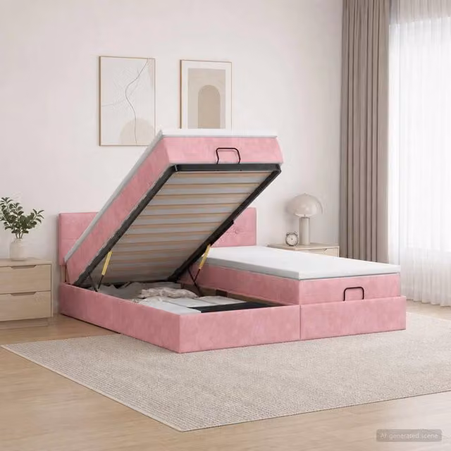 Letto ottomano con contenitore e materasso vidaXL in velluto rosa e bianco, L/P/H: 203 x 160 x 88 cm