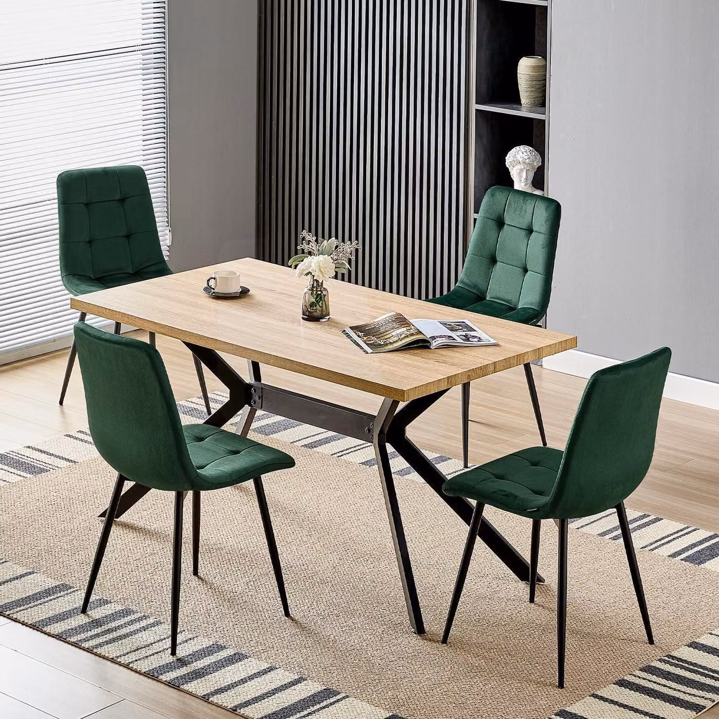 Tavolo da pranzo con 4 sedie, tavolo rettangolare in legno di 140x80 cm, 4 sedie in velluto verde scuro, gambe in metallo