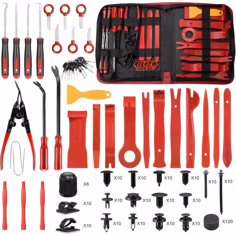 Set di 330 utensili per lo smontaggio di automobili, inclusi: leve, cunei in plastica, estrattori per clip di rivestimenti interni e estrattori per pannelli delle portiere, colore rosso