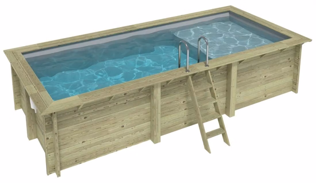 Piscina in legno AQUA 6.1 x 2.85 – H.1.31 m con spiaggia, grigio, con supporti fissati al calcestruzzo