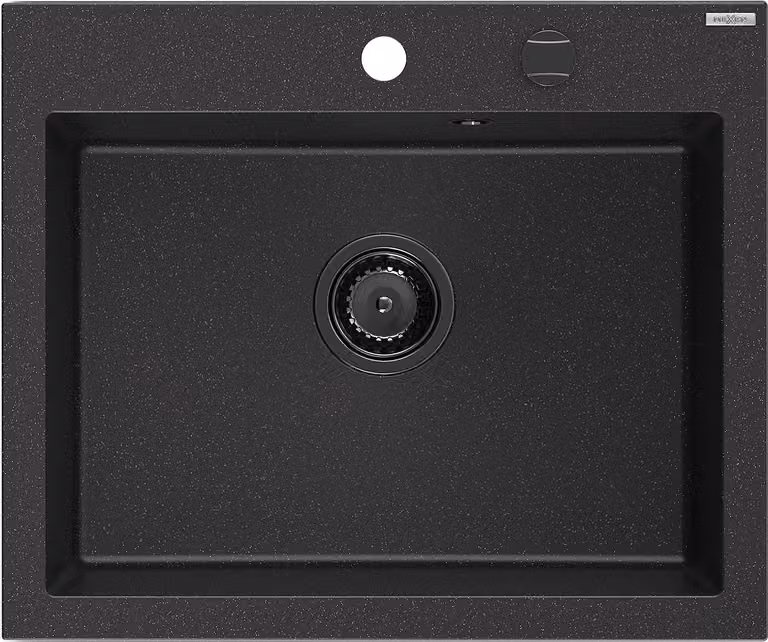 Mexen Elix lavello da cucina in granito 1-vasca 600 x 500 mm, nero/argento metallico, sifone nero - 6525601005-73-B