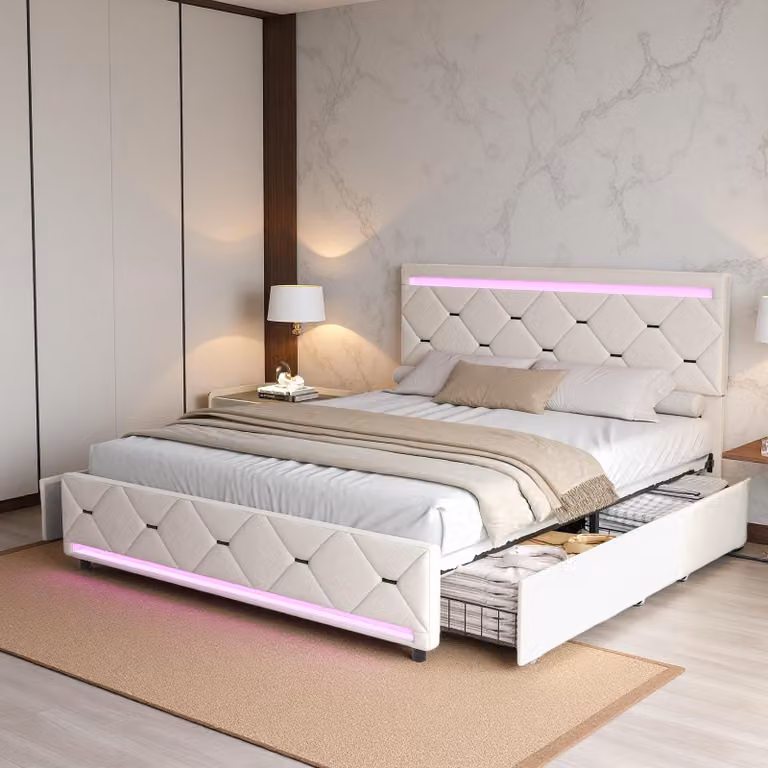 UnboxG Letto imbottito 140x200 cm Velluto beige con 4 cassetti, illuminazione LED e funzione di ricarica USB, letto contenitore