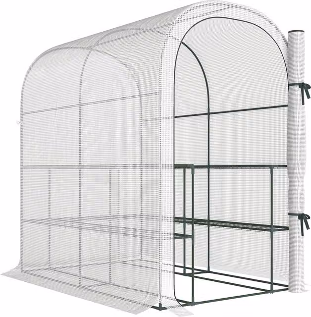 Outsunny Serra da Giardino con Scaffali a 2 Livelli e Porta Avvolgibile in Acciaio e PE, Bianco, L 123 x P 187 x H 189 cm