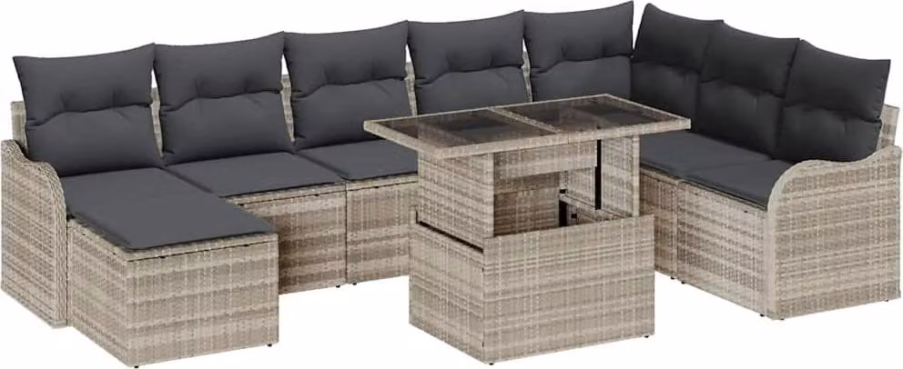 Set Divano da Giardino 9 pcs Grigio chiaro Poly Rattan