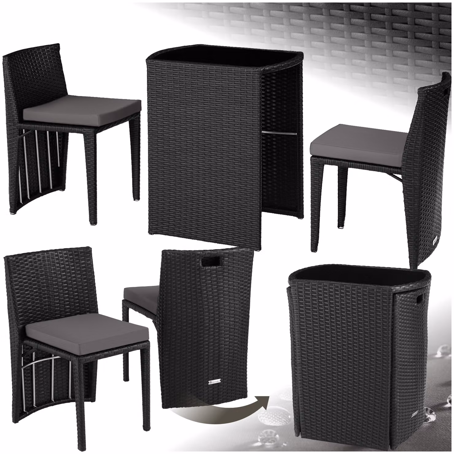 Set da bistrot TecTake GmbH in polyrattan e alluminio nero con piano in vetro per giardino e terrazza