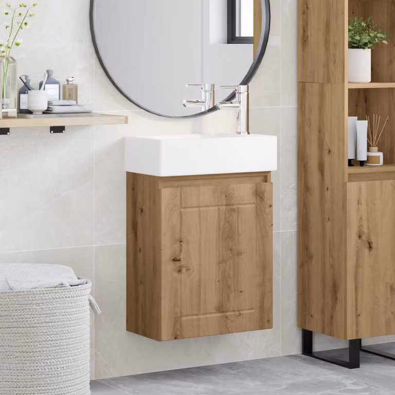 Mobile bagno moderno vidaXL con ante a battente in legno e MDF, colori bianco, marrone e argento