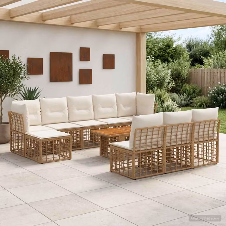 Set Divano da Giardino vidaXL 11 Pezzi in Polyrattan con Cuscini, Colore Naturale e Bianco Crema